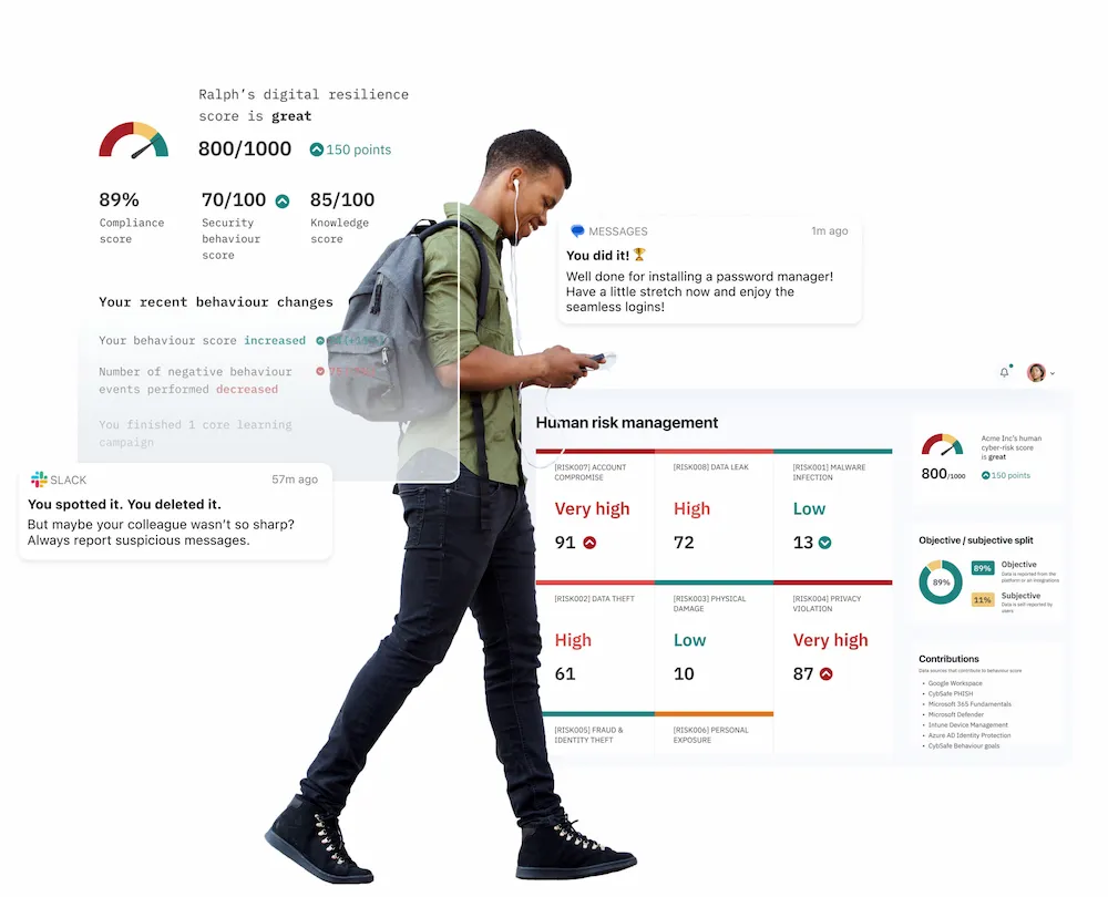 Smiling man walking with CybSafe app - CybSafe Product Plans